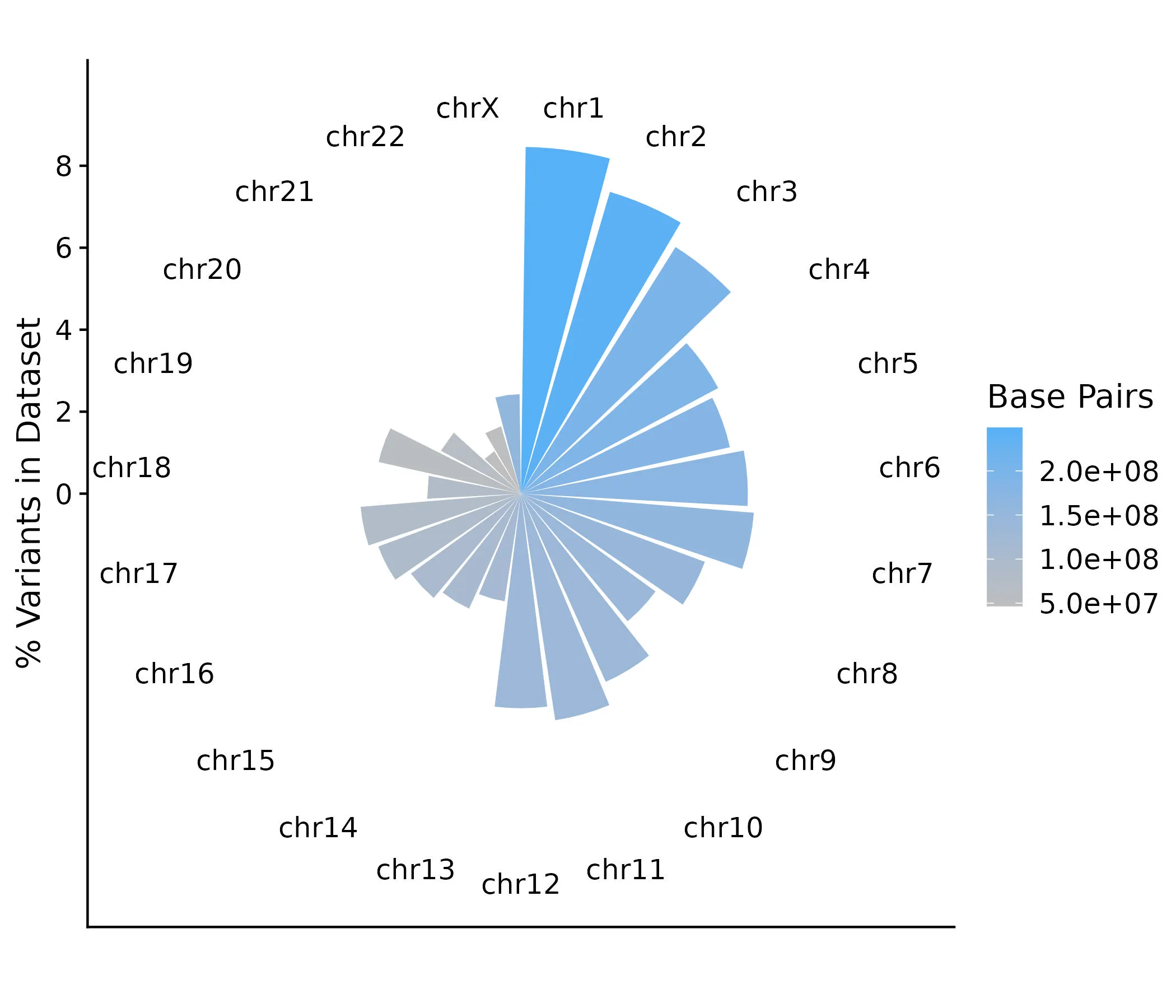 The number of variants on each chromosome as a percentage of the total variants in the dataset (y-axis). Chromosomes are shown sequentially clockwise. The fill indicates the total number of base pairs on a given chromosome.